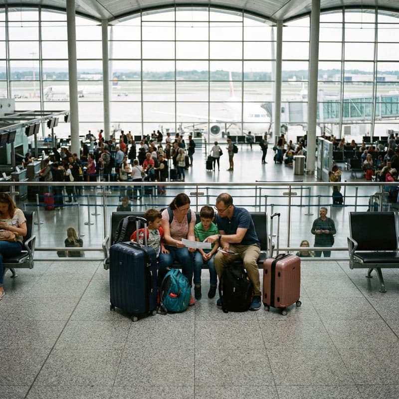Family organizing travel documents together