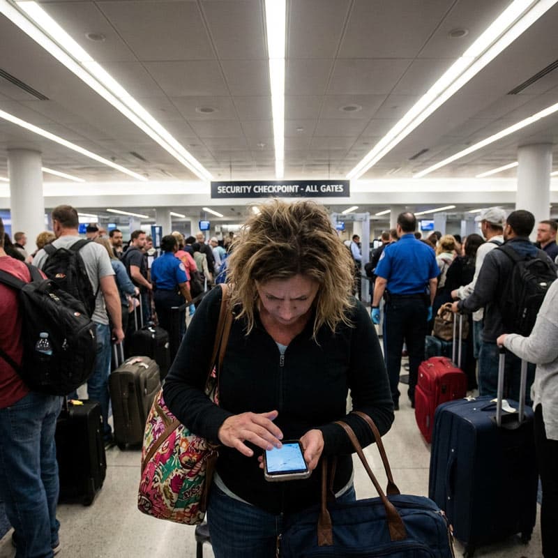 Stressed traveler with lost documents