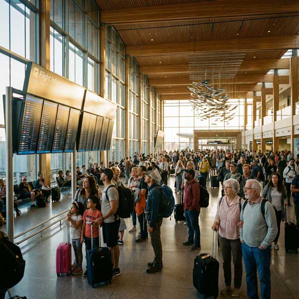 Travelers waiting at airport gate during layover